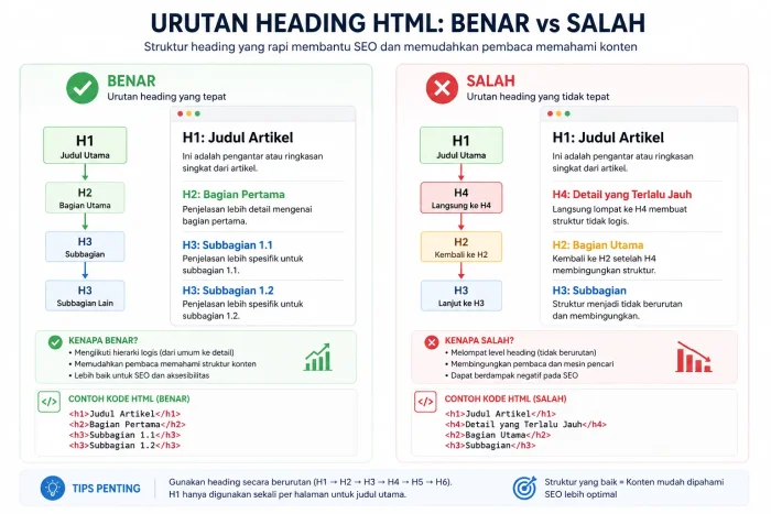 Keterangan Gambar: Ilustrasi perbedaan heading, title, dan header pada halaman HTML (perbedaan heading title header HTML)