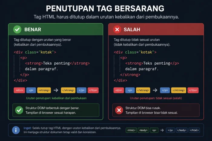 Keterangan Gambar: Diagram perbandingan penutupan tag bersarang yang benar dan salah (Alt Text: cara menutup tag html bersarang yang benar