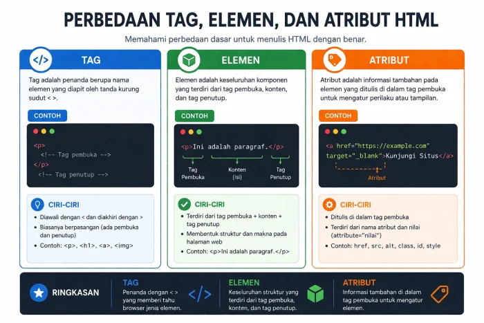 Keterangan Gambar: Infografis ringkasan perbedaan tag, elemen, dan atribut HTML (Alt Text: perbedaan tag elemen dan atribut html)
