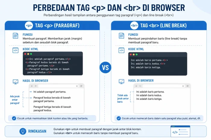 Keterangan Gambar: Perbandingan visual antara penggunaan tag p dan tag br di browser