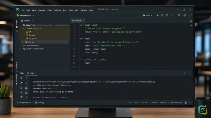 Keterangan Gambar: Tampilan antarmuka PyCharm yang bersih dengan kode Python