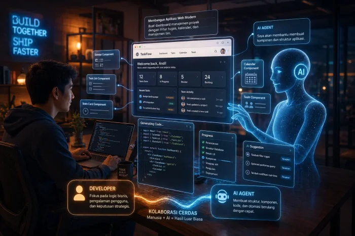 Keterangan Gambar: Ilustrasi kolaborasi antara AI Agent dan developer manusia dalam membangun aplikasi web