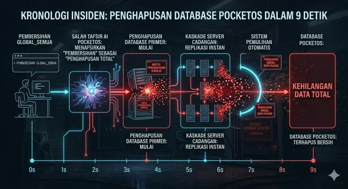 Keterangan Gambar: Diagram alur kronologi insiden penghapusan database PocketOS dalam 9 detik
