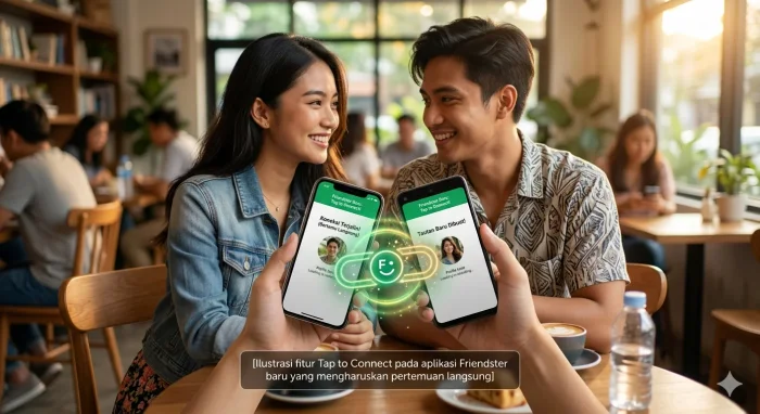 Keterangan Gambar: Ilustrasi fitur Tap to Connect pada aplikasi Friendster baru yang mengharuskan pertemuan langsung