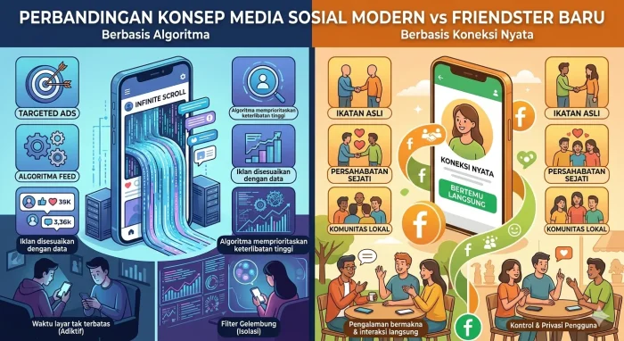 Keterangan Gambar: Perbandingan konsep media sosial modern berbasis algoritma vs Friendster baru yang berbasis koneksi nyata