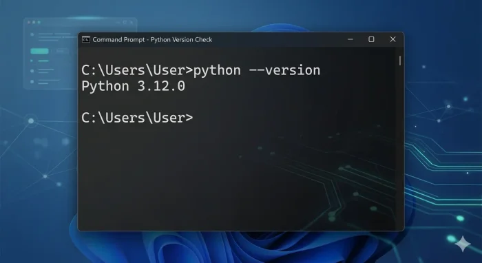 Tampilan Command Prompt Windows yang menunjukkan keberhasilan verifikasi versi Python