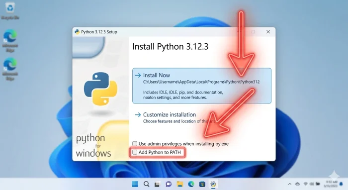 Screenshot jendela instalasi Python dengan tanda panah merah menunjuk ke opsi Add Python to PATH