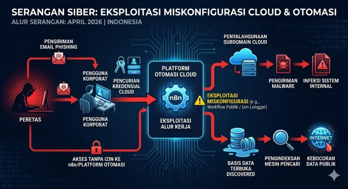 Keterangan Gambar: Diagram alur serangan siber melalui miskonfigurasi sistem cloud dan otomasi (Alt Text: serangan siber miskonfigurasi cloud otomasi n8n 2026)