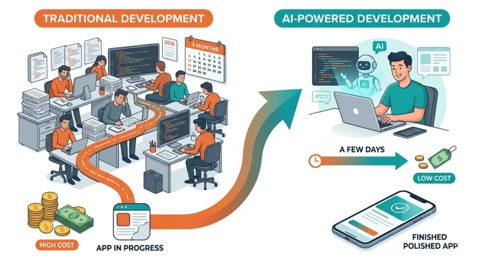 Keterangan Gambar: Perbandingan proses pengembangan aplikasi tradisional vs AI-powered — waktu, biaya, dan kompleksitas (Alt Text: perbandingan pengembangan aplikasi tradisional vs AI 2026 kecepatan biaya)