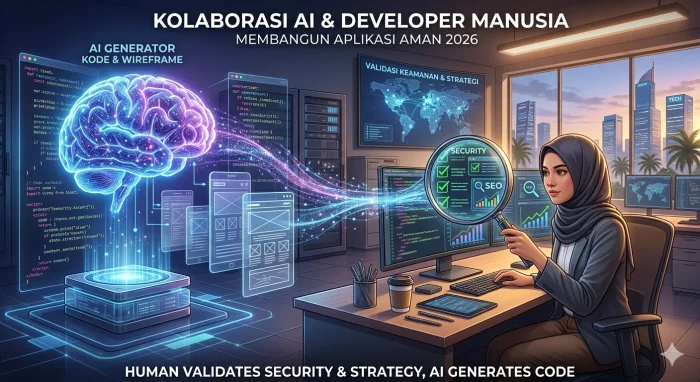 Keterangan Gambar: Ilustrasi kolaborasi AI dan manusia dalam pengembangan aplikasi — AI menghasilkan kode, manusia memvalidasi keamanan dan strategi (Alt Text: kolaborasi AI dan developer manusia membangun aplikasi aman 2026)
