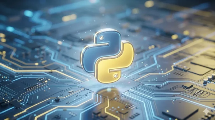 Keterangan Gambar: Ilustrasi logo Python dengan elemen teknologi modern seperti AI dan Web Development