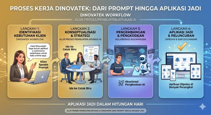 Keterangan Gambar: Diagram alur proses kerja Dinovatek — dari perintah klien hingga aplikasi jadi dalam hitungan hari (Alt Text: alur proses pembuatan aplikasi AI Dinovatek dari prompt hingga aplikasi jadi)