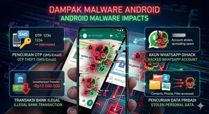 Keterangan Gambar: Dampak malware Android seperti pencurian OTP, pembajakan WhatsApp, dan transaksi ilegal