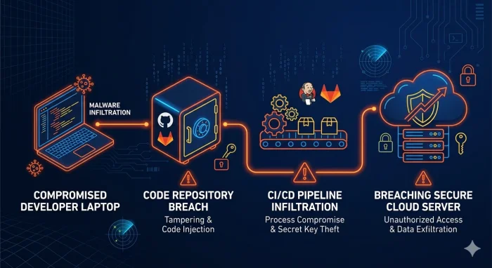 Infografis alur serangan supply chain attack dari perangkat developer hingga masuk ke server produksi.