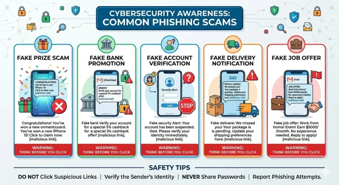 Keterangan Gambar: Ilustrasi berbagai contoh modus phishing seperti hadiah palsu, verifikasi akun, dan promo bank palsu