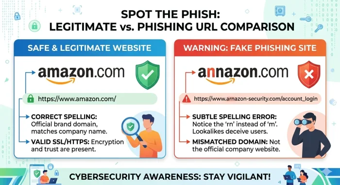 Keterangan Gambar: Contoh perbandingan URL resmi dan URL phishing yang tampak mirip