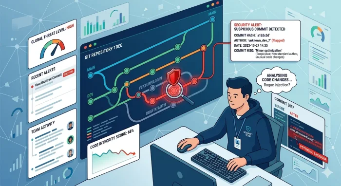 Visualisasi riwayat commit Git untuk investigasi malware.